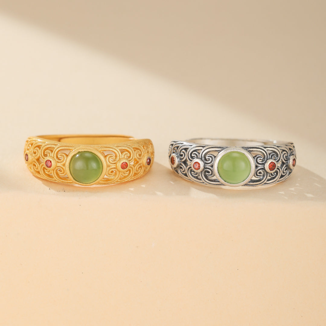 Bague Jade Relique d'Harmonie en argent 925 plaqué or, avec pierre de jade véritable, bijou spirituel de protection et d'équilibre.