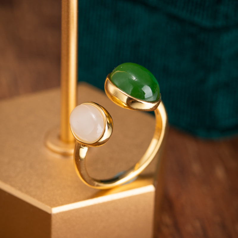 Bague Jade – Vert Blanc, Argent Plaqué Or