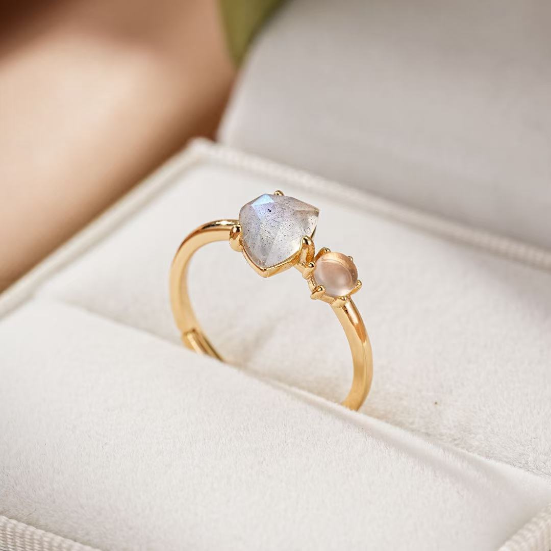 Labradorite and Pearl Ring – Celestial Elegance, 10K Gold Plated Silver