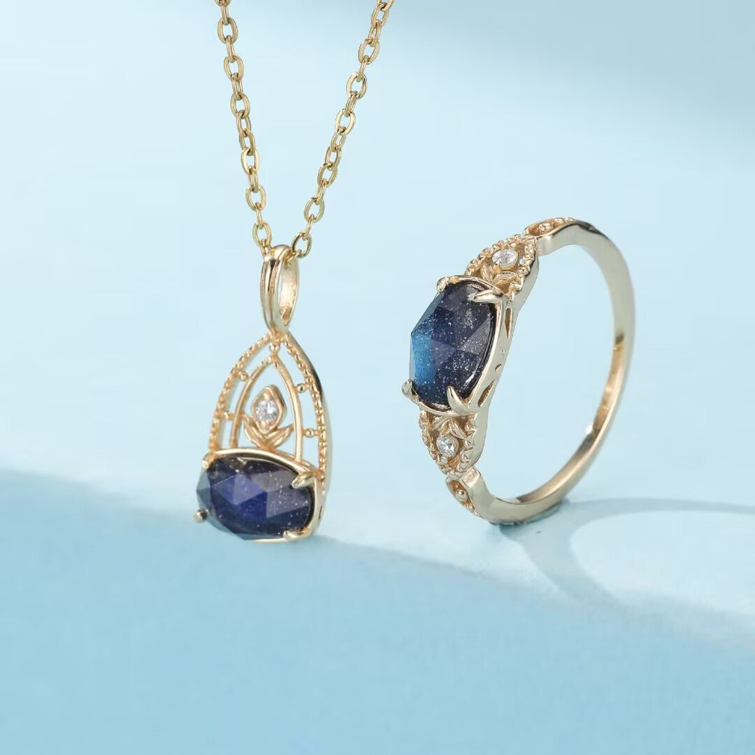 Bague Labradorite et Lapis Lazuli – Sagesse Astrale, Argent Plaqué Or