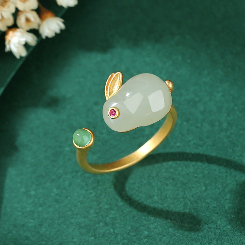 Bague Lapin en Jade – Sagesse, Argent Plaqué Or