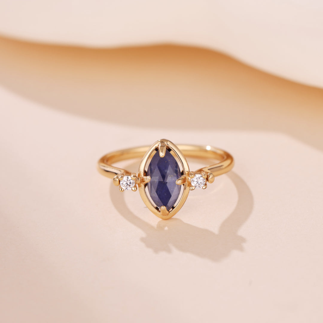 Bague Lapis Lazuli et Quartz Clair – Étoile du Matin, Argent Plaqué Or