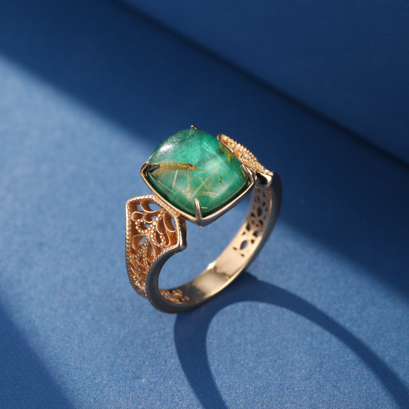 Bague Malachite et Quartz Rutile – Régal Impériale, Argent Plaqué Or