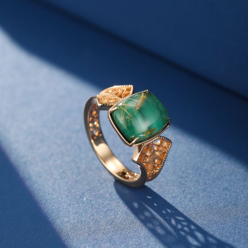 Bague Malachite et Quartz Rutile – Régal Impériale, Argent Plaqué Or