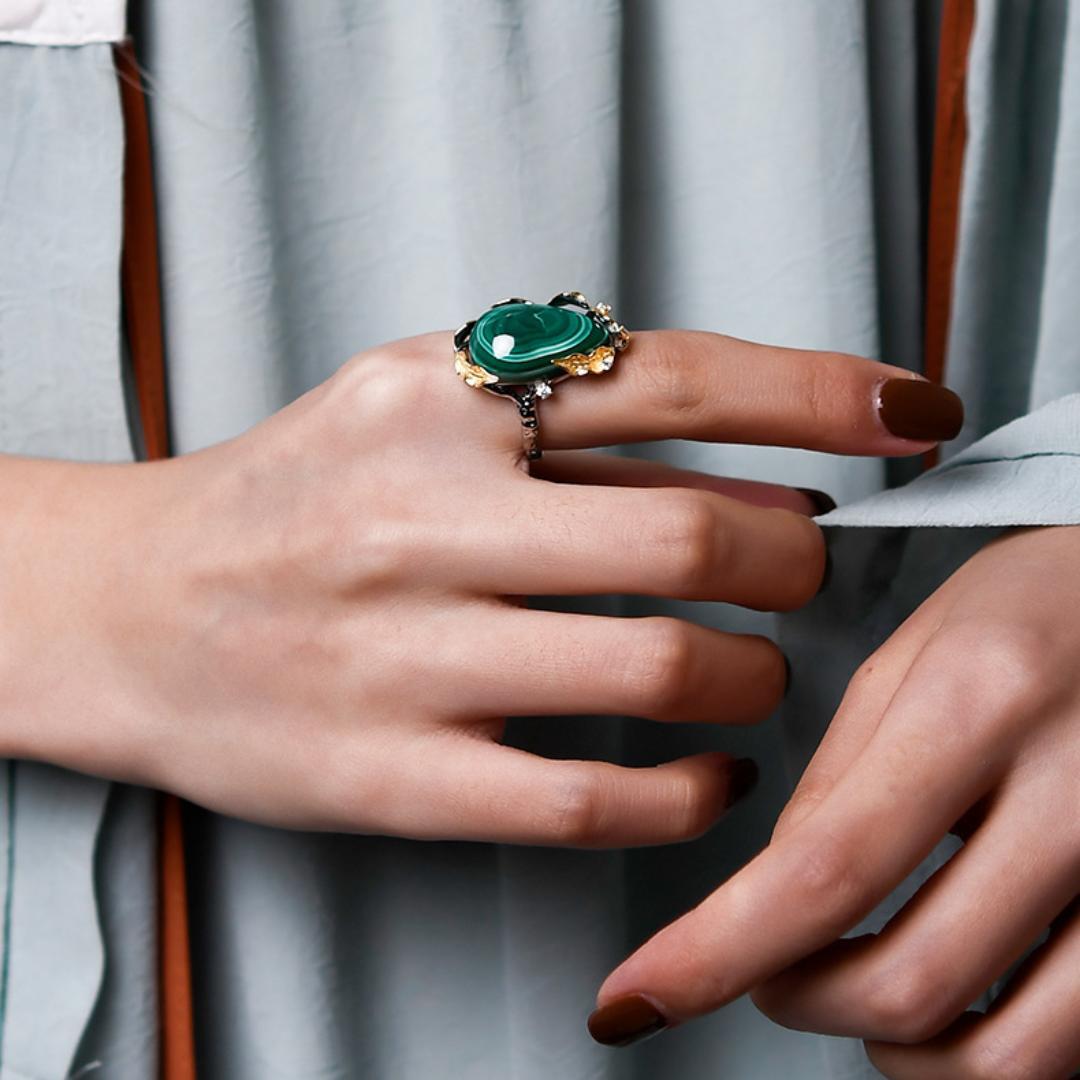 Bague Malachite – Feuille de Chance, Argent Plaqué Or