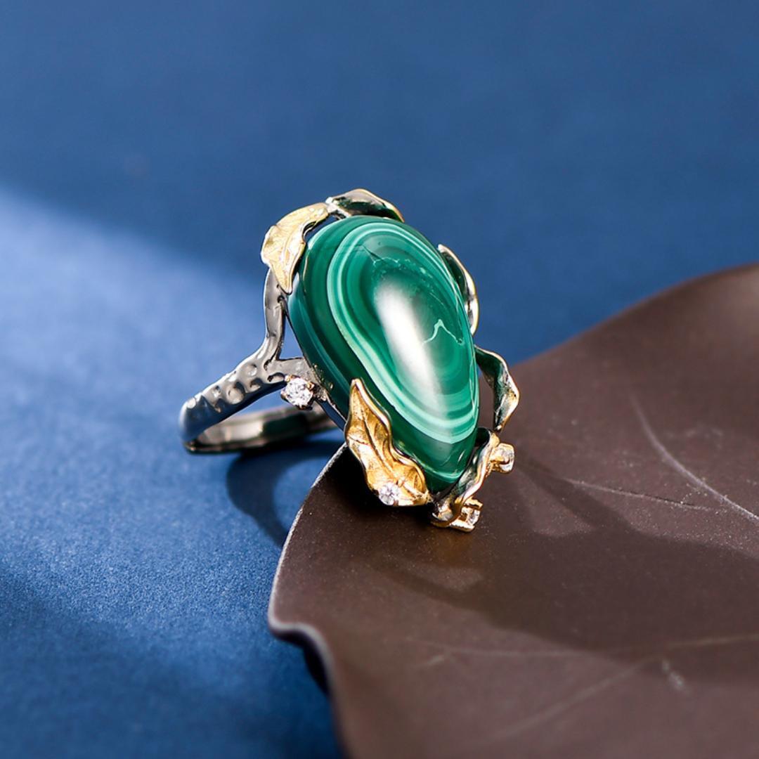 Bague Malachite – Feuille de Chance, Argent Plaqué Or