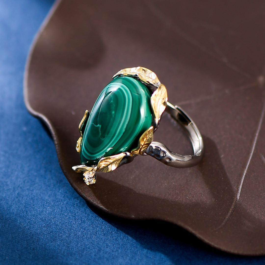 Bague Malachite – Feuille de Chance, Argent Plaqué Or