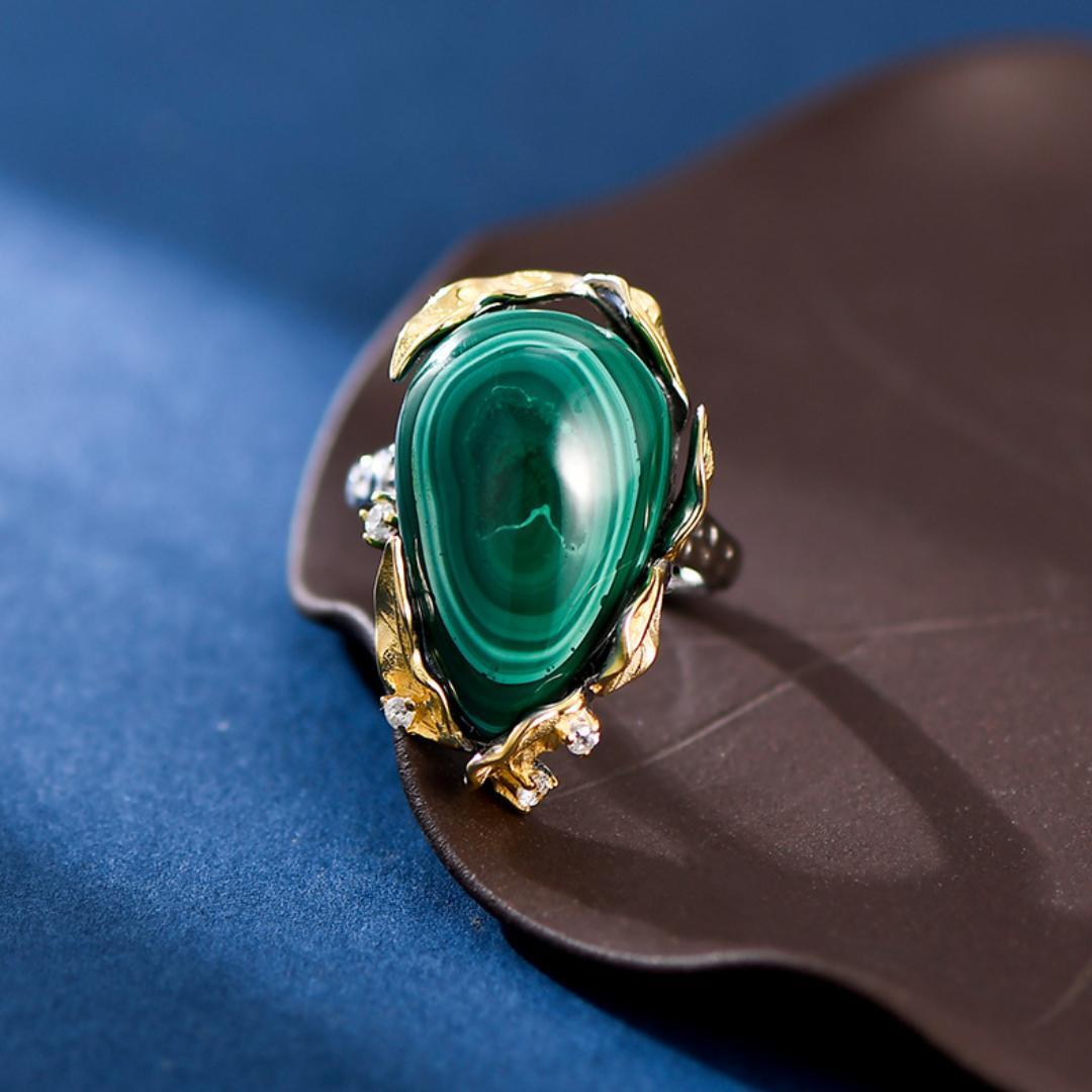 Bague Malachite – Feuille de Chance, Argent Plaqué Or