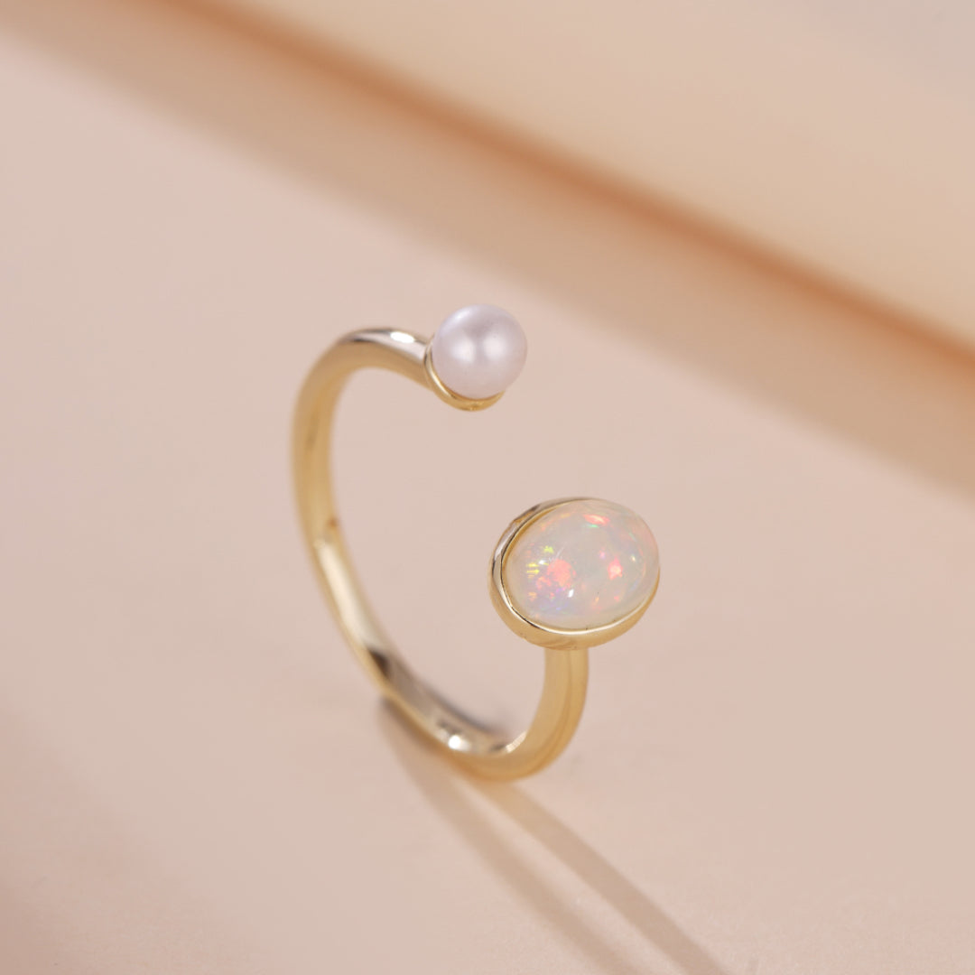 Bague Opale et Perle – Mélodie du Ciel, Argent Plaqué Or