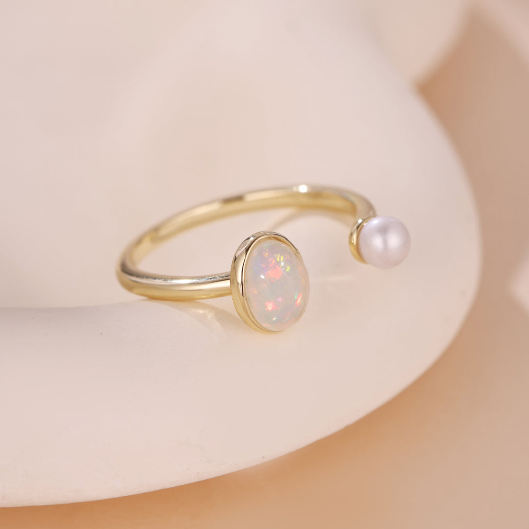 Bague Opale et Perle – Mélodie du Ciel, Argent Plaqué Or