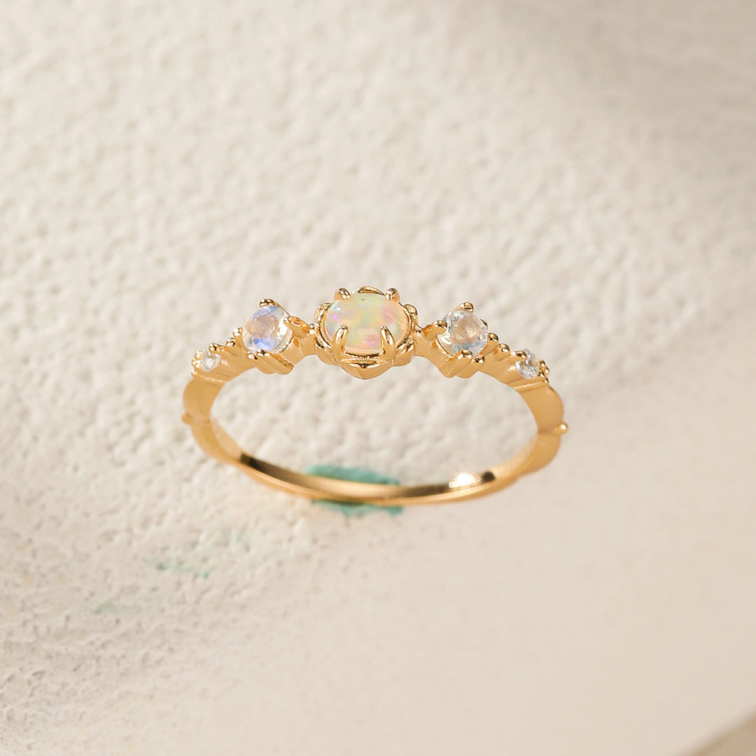 Bague Opale et Pierre de Lune – Douce Harmonie, Argent Plaqué Or