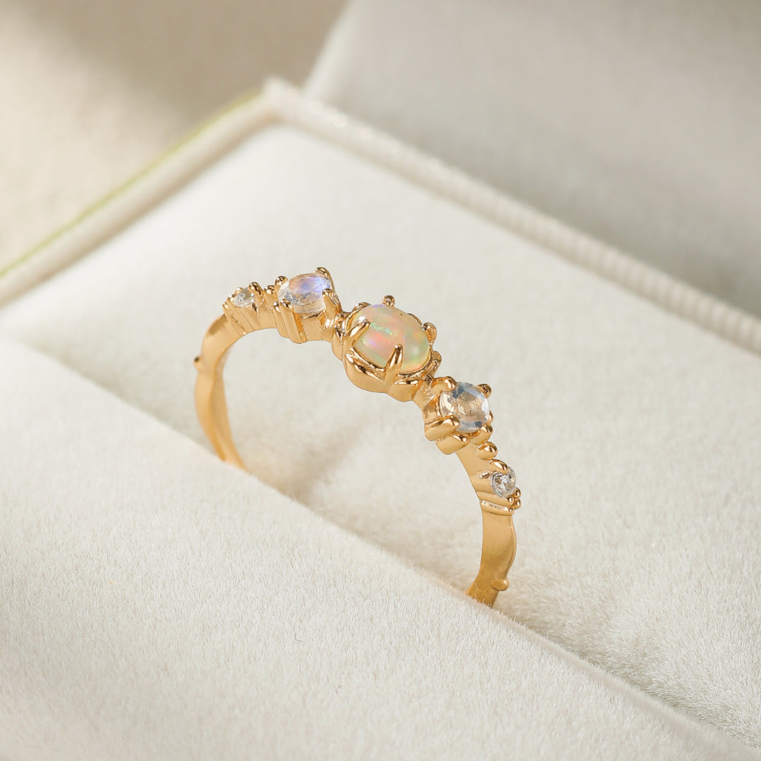 Bague Opale et Pierre de Lune – Douce Harmonie, Argent Plaqué Or