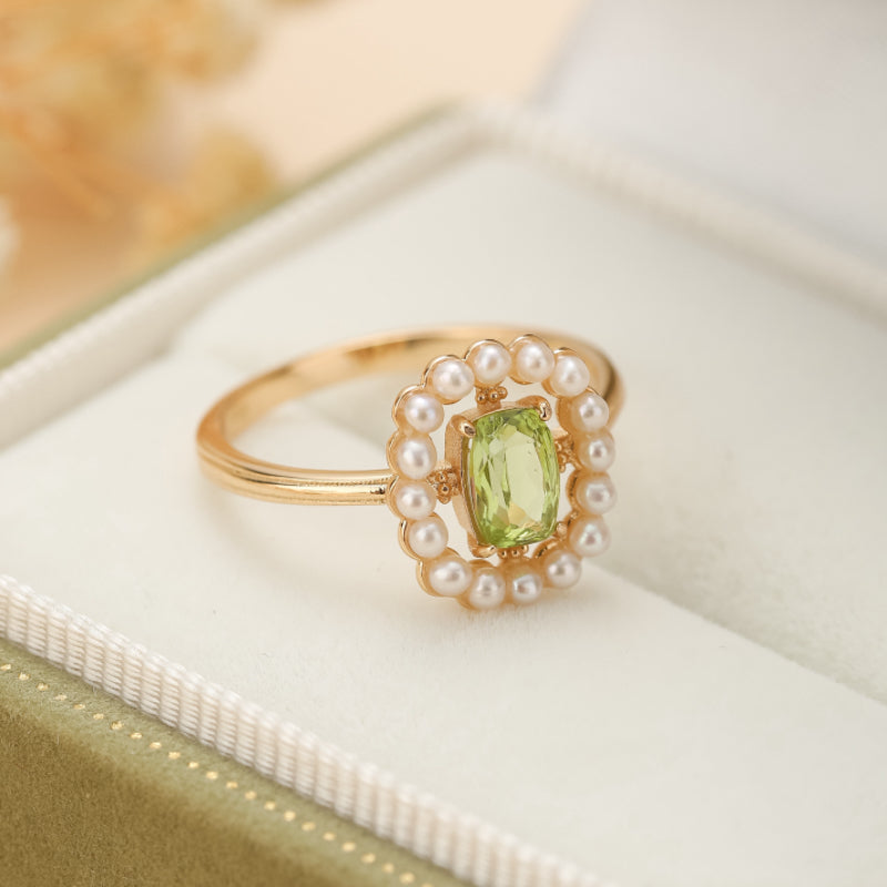 Bague Péridot et Perle – Elegance Carrée, Argent Plaqué Or