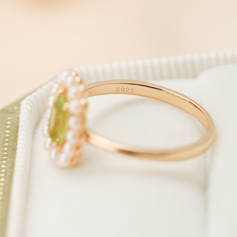 Bague Péridot et Perle – Elegance Carrée, Argent Plaqué Or
