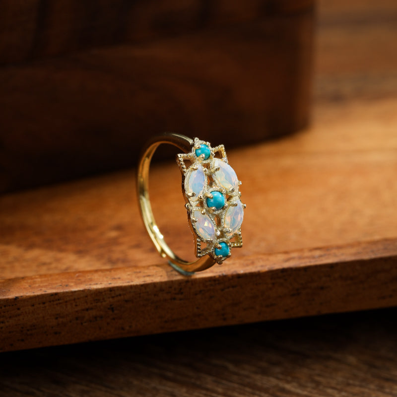 Bague Pierre de Lune – Turquoise Florale, Argent Plaqué Or