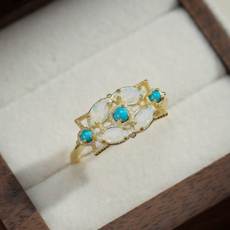 Bague Pierre de Lune – Turquoise Florale, Argent Plaqué Or