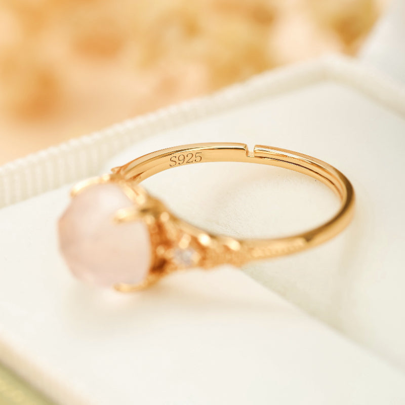 Rose Quartz Ring – Floral Radiance, Gold Plated Silver