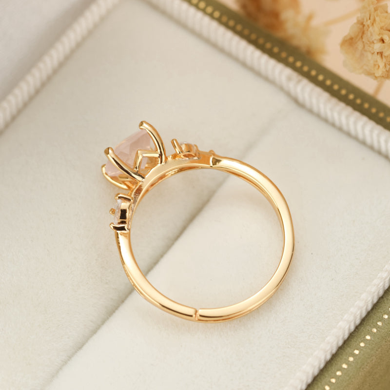 Bague Quartz Rose – Élégant Feuillu, Argent Plaqué Or