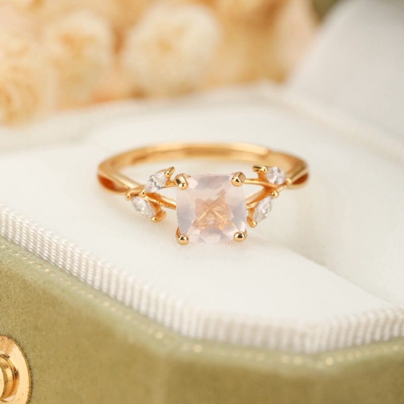Bague Quartz Rose – Élégant Feuillu, Argent Plaqué Or