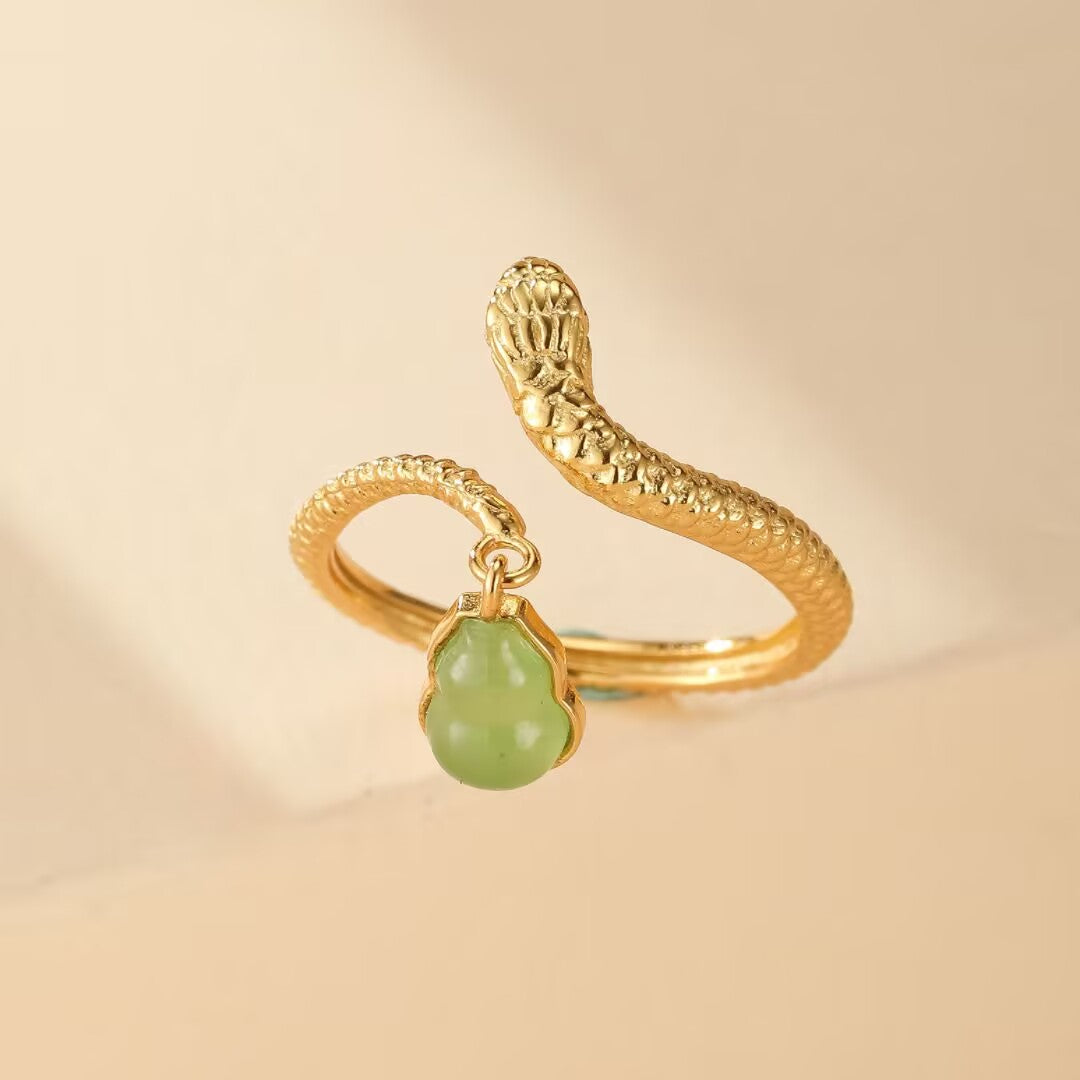 Bague Serpent et Jade – Harmonie Envoûtante, Argent Plaqué Or