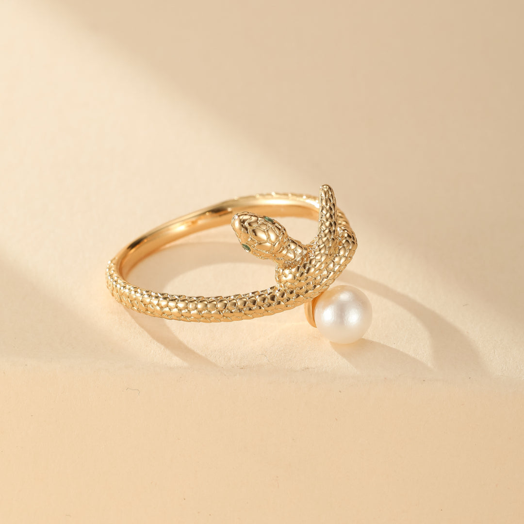 Bague Serpent Perle – Chant Opalin, Argent Plaqué Or