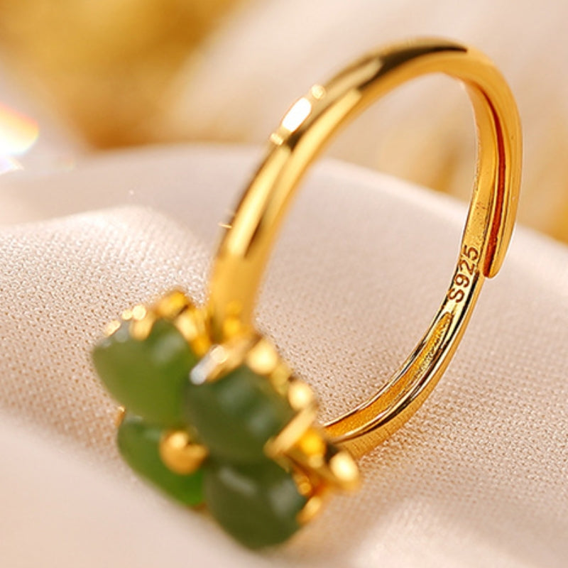 Bague Trèfle en Jade – Promesse de Bonheur, Argent Plaqué Or