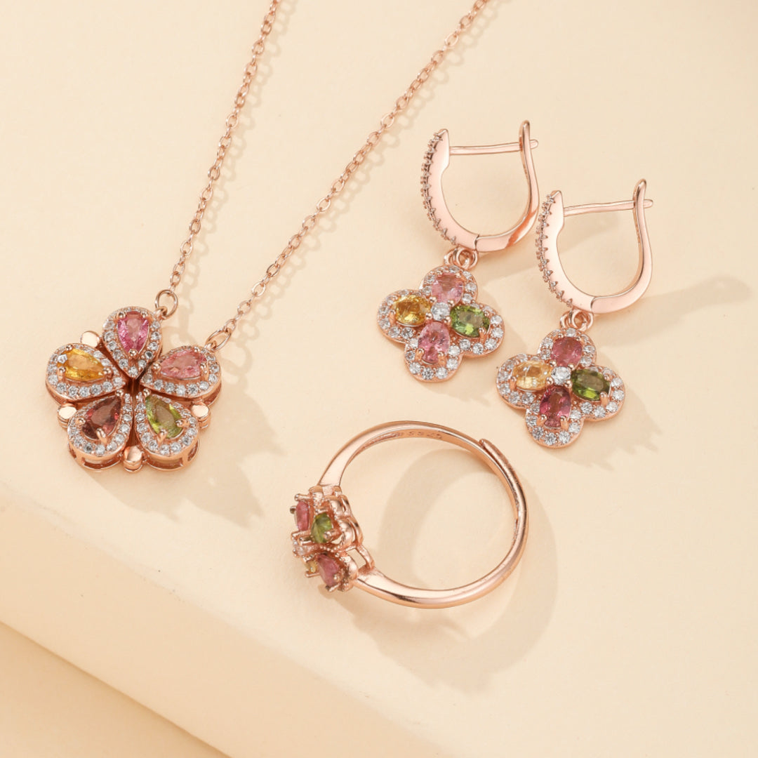 Bague Trèfle Tourmaline – Chance Éclatante, Argent Plaqué Or