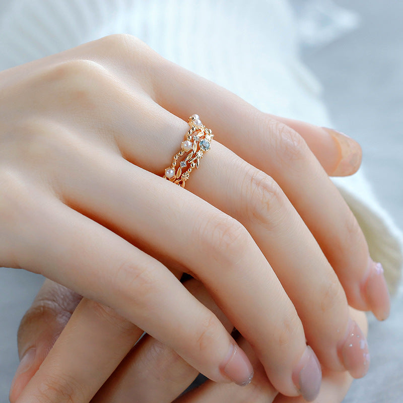 Aquamarine, Pearl and Zircon Trio Ring – Floral Serenity