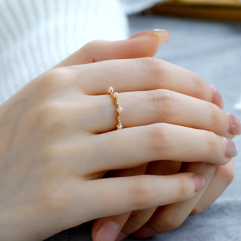 Aquamarine, Pearl, and Zircon Trio Ring – Floral Serenity