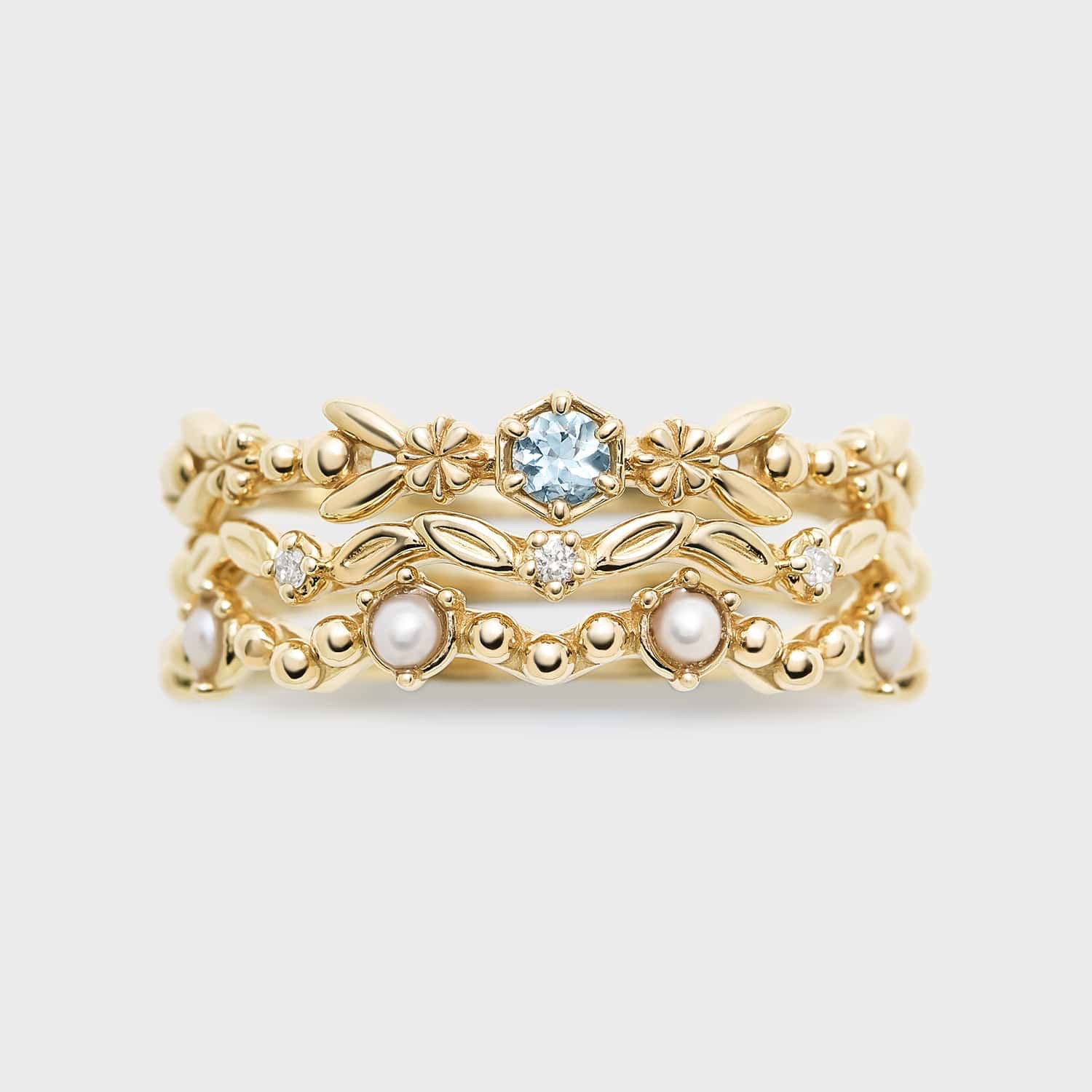 Aquamarine, Pearl, and Zircon Trio Ring – Floral Serenity