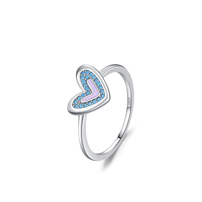 Bague en argent 925 ornée d'un cœur stylisé bleu turquoise et lilas, design "Cœur Doux"