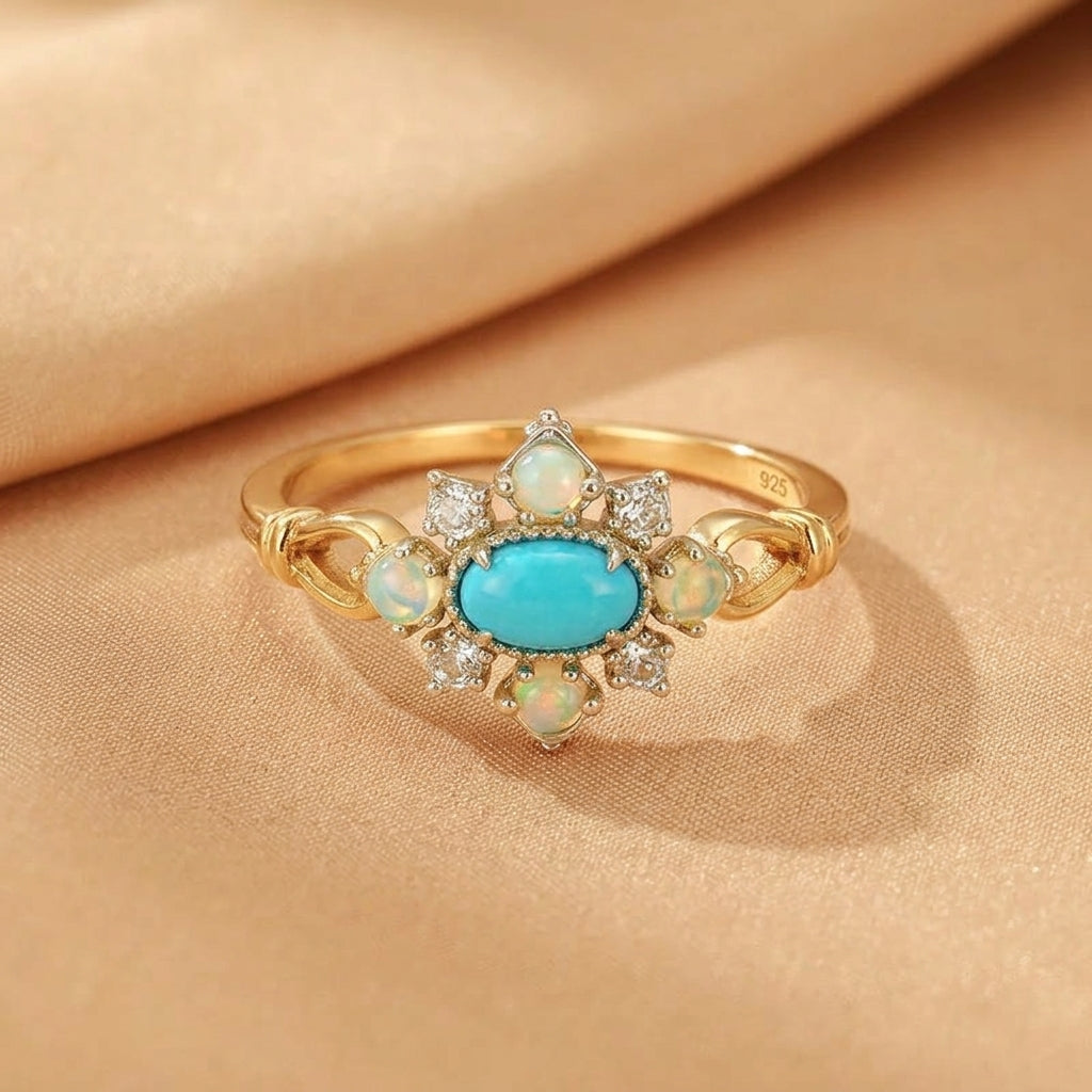 Bague en argent plaqué or 14K avec une turquoise ovale centrale, entourée d'opales et de diamants, design floral.