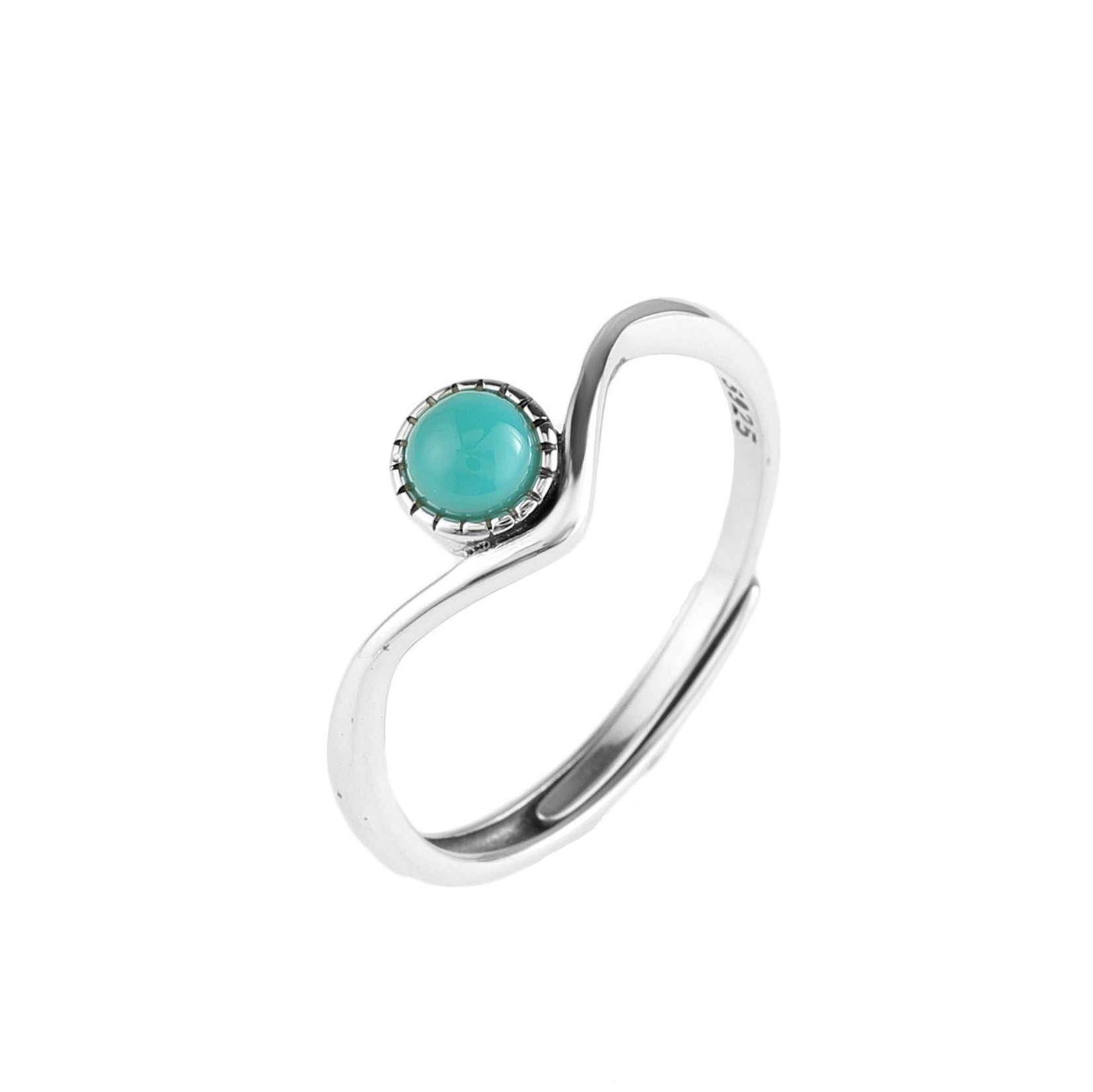 Bague en argent sterling 925 avec une pierre de turquoise ronde sertie sur un design ondulé ouvert.