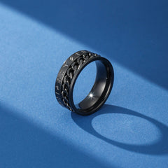 Bague Viking noire "Souveraineté Noire" en acier inoxydable avec chaîne rotative et gravures runiques.