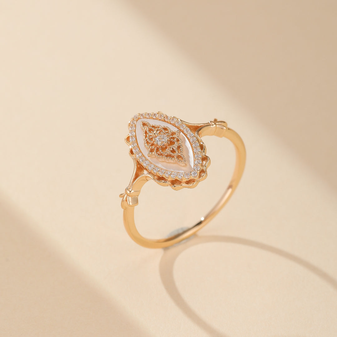 Bague Zircon et Nacre – Nostalgia, Argent Plaqué Or