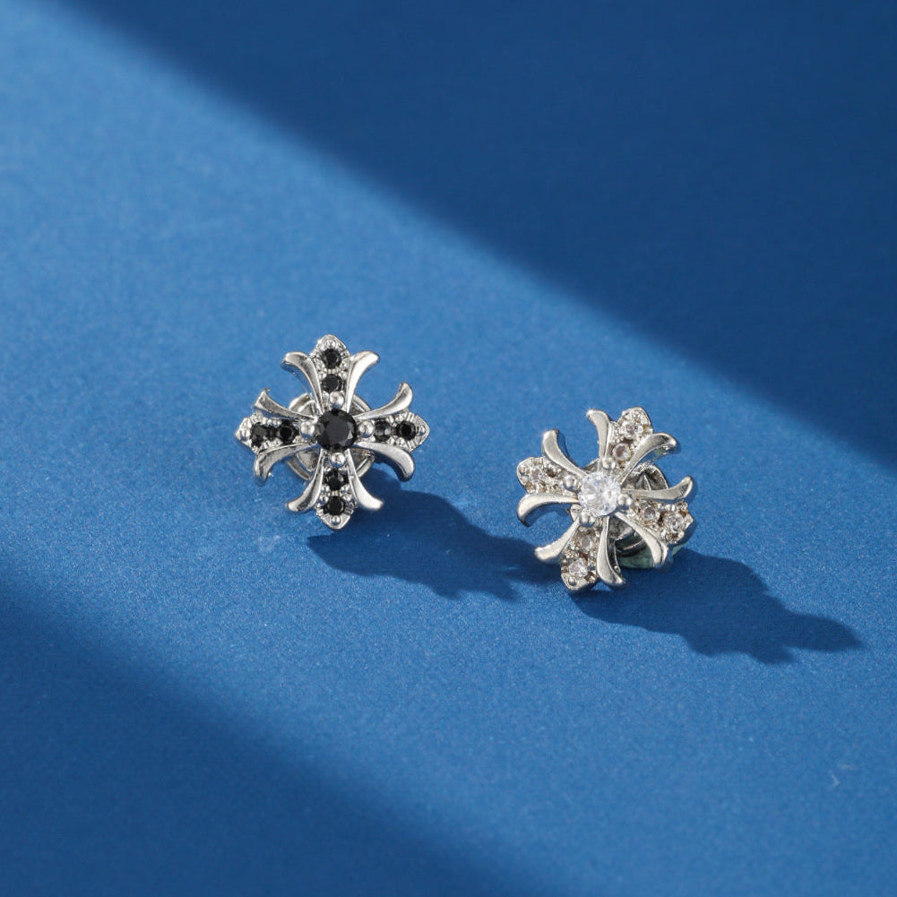 Men's Royal Spark earrings, stylized cross design set with brilliant zircons, no piercing, 316L stainless steel.