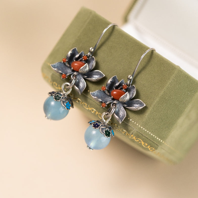 Boucles d'Oreilles Aigue Marine – Lotus Sérénité, Argent