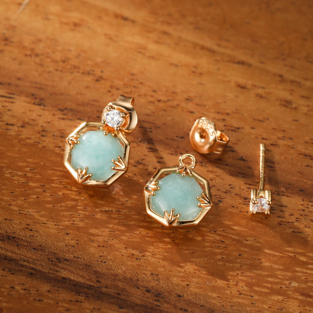 Boucles d'Oreilles Amazonite et Quartz Clair – Danse des Étoiles, Argent Plaqué Or
