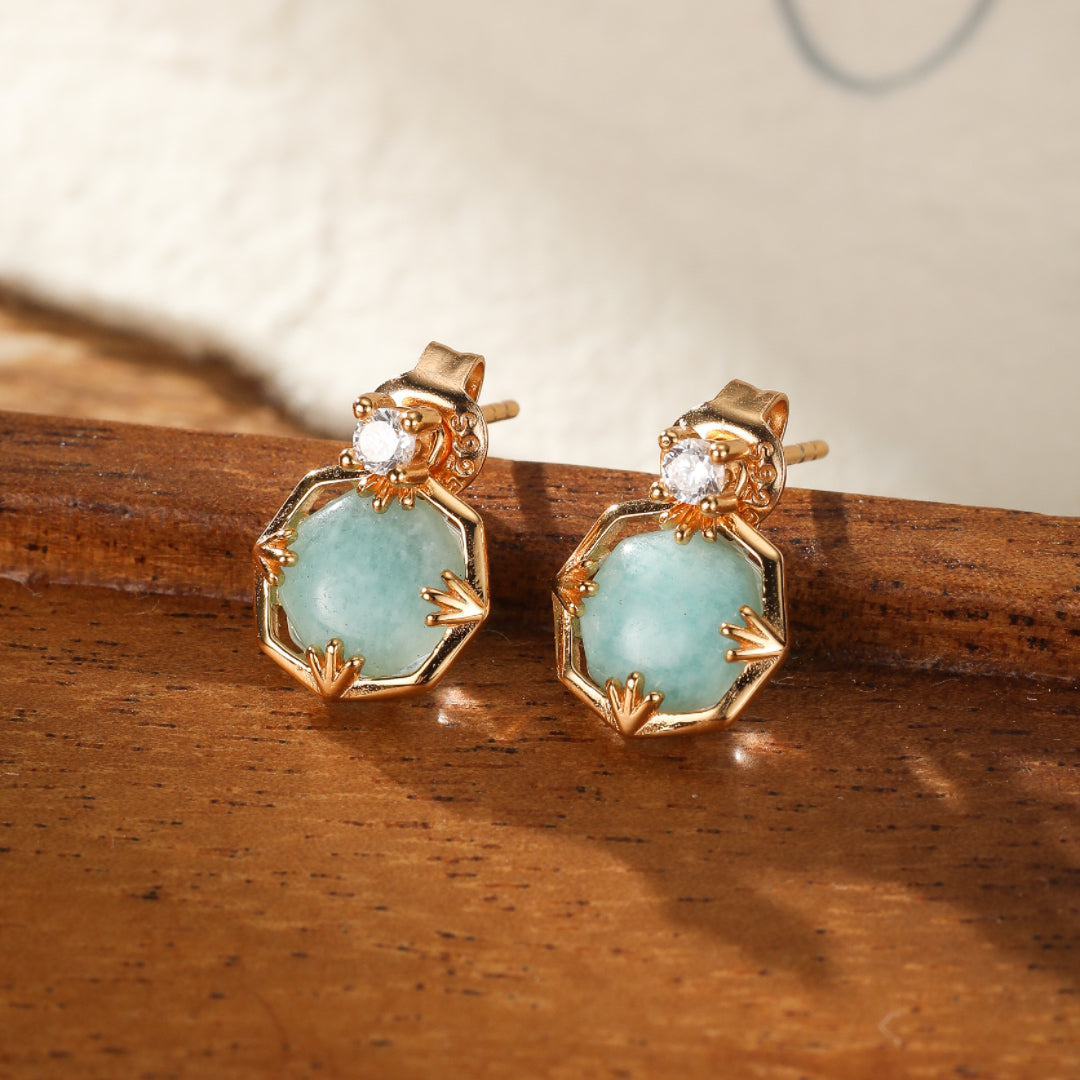 Boucles d'Oreilles Amazonite et Quartz Clair – Danse des Étoiles, Argent Plaqué Or
