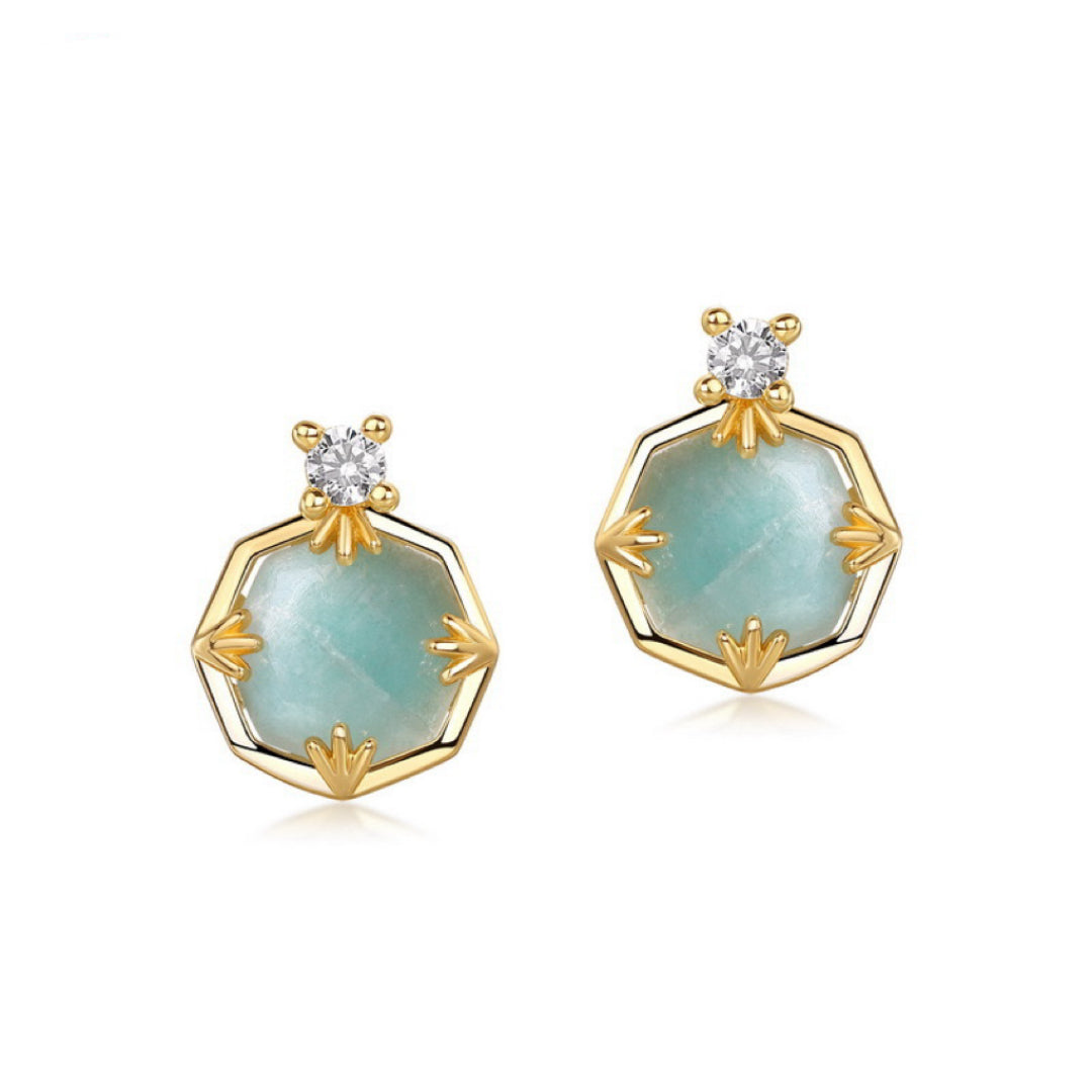 Boucles d'Oreilles Amazonite et Quartz Clair – Danse des Étoiles, Argent Plaqué Or