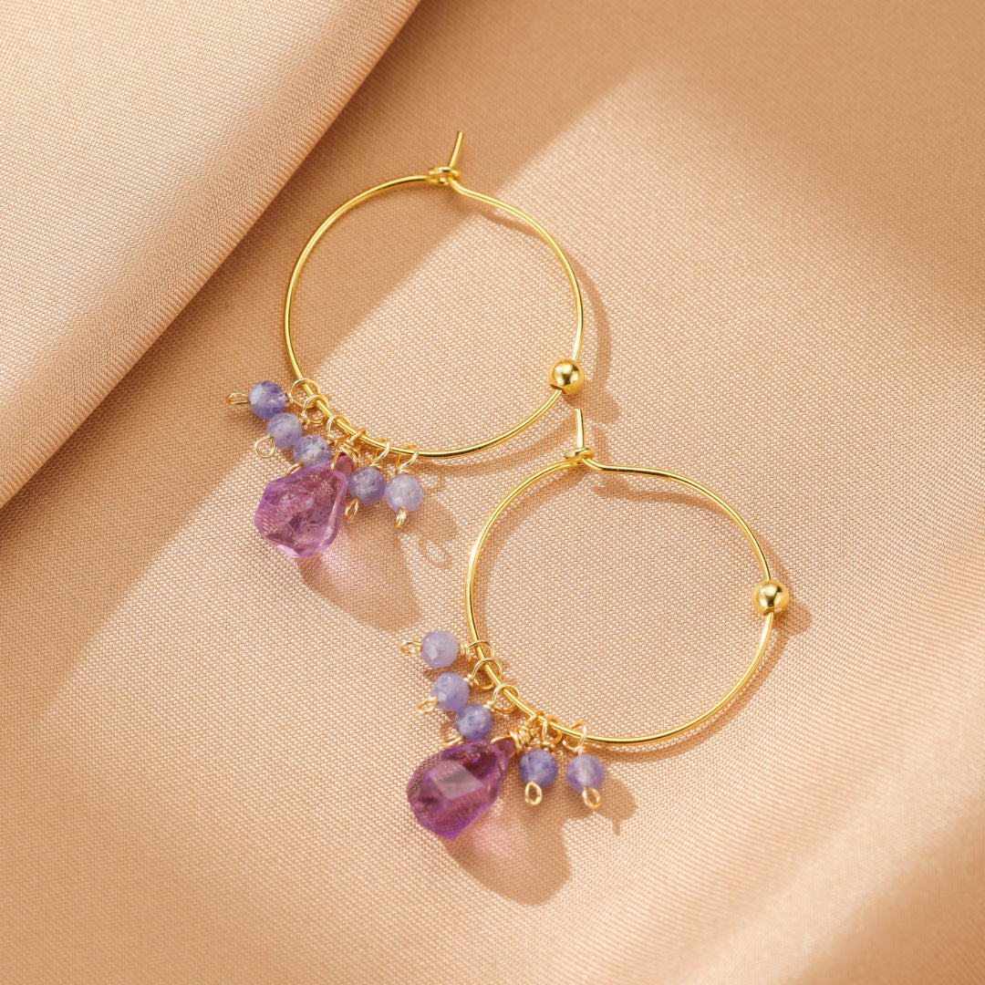 Amethyst and Tanzanite Earrings – Bohemian Aurora, Gold Plated Silver