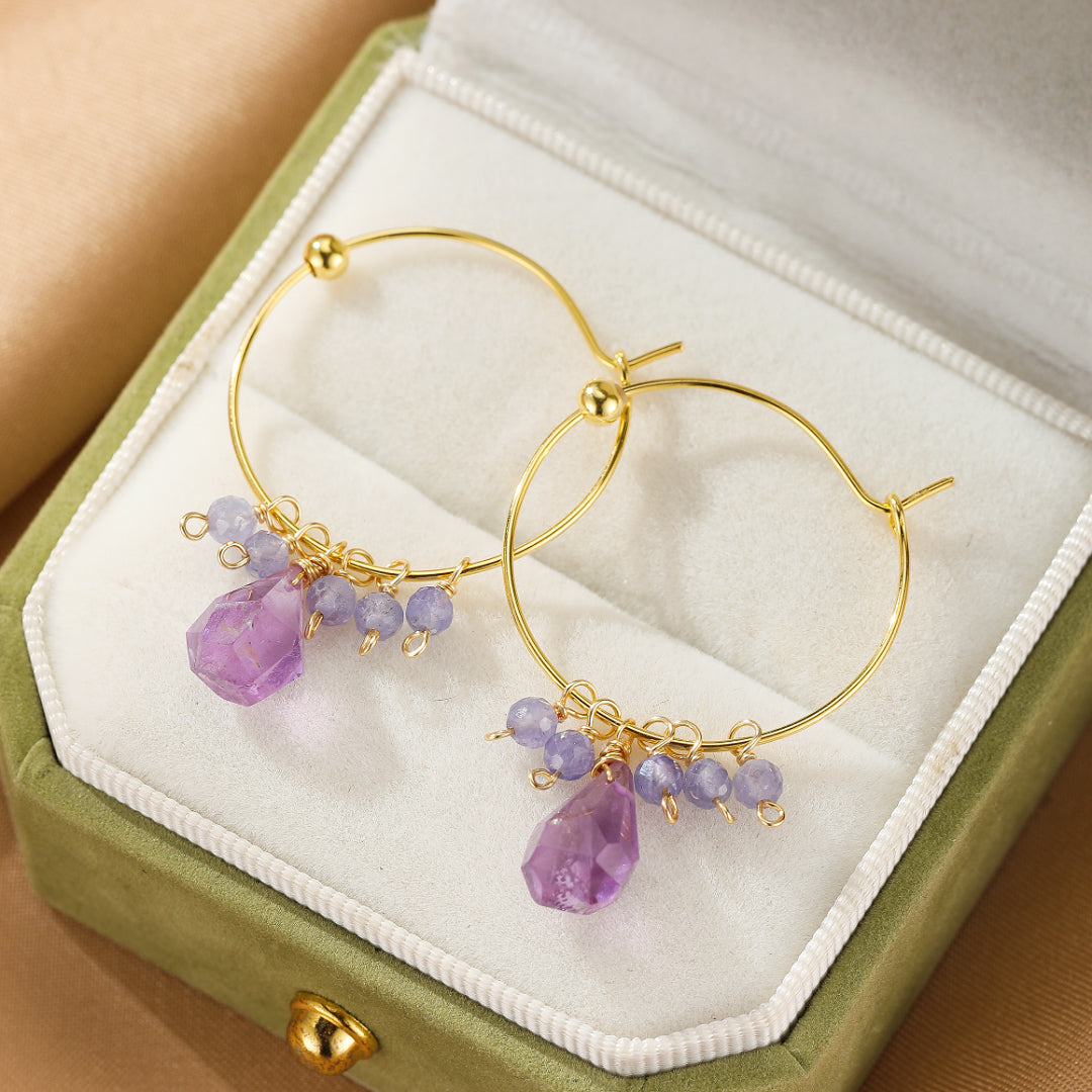 Amethyst and Tanzanite Earrings – Bohemian Aurora, Gold Plated Silver