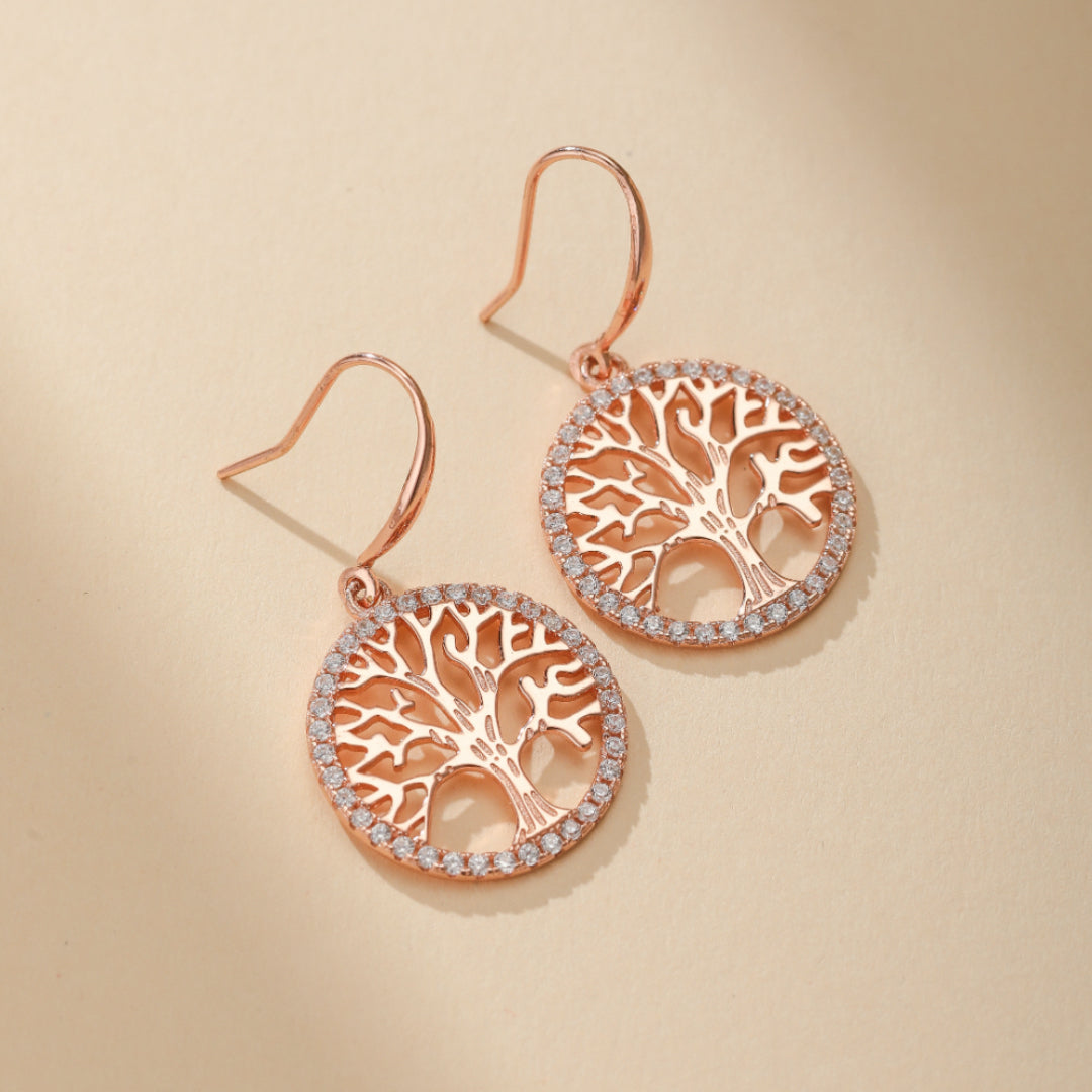 Boucles d'Oreilles Arbre de Vie – Renouveau, Argent Plaqué Or Rose