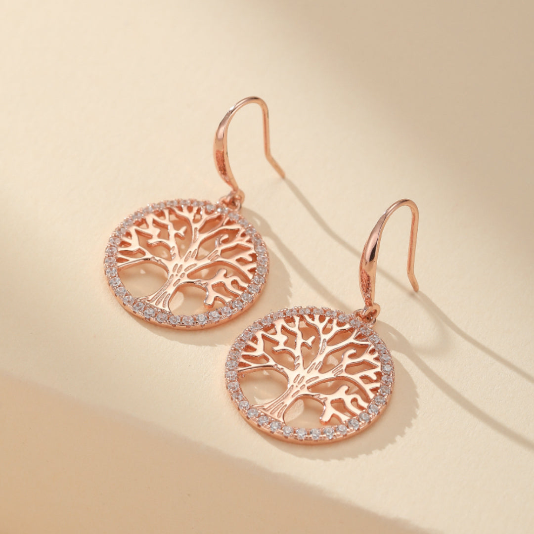 Boucles d'Oreilles Arbre de Vie – Renouveau, Argent Plaqué Or Rose