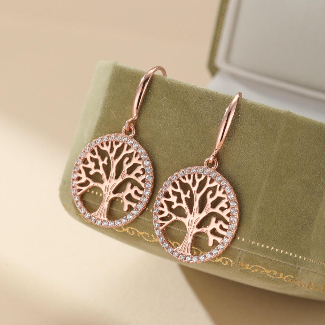 Boucles d'Oreilles Arbre de Vie – Renouveau, Argent Plaqué Or Rose