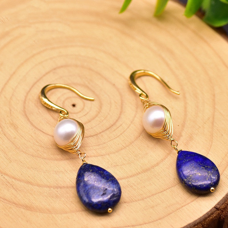 Boucles d'Oreilles 'Blanc et Bleu' en Perles et Lapis Lazuli