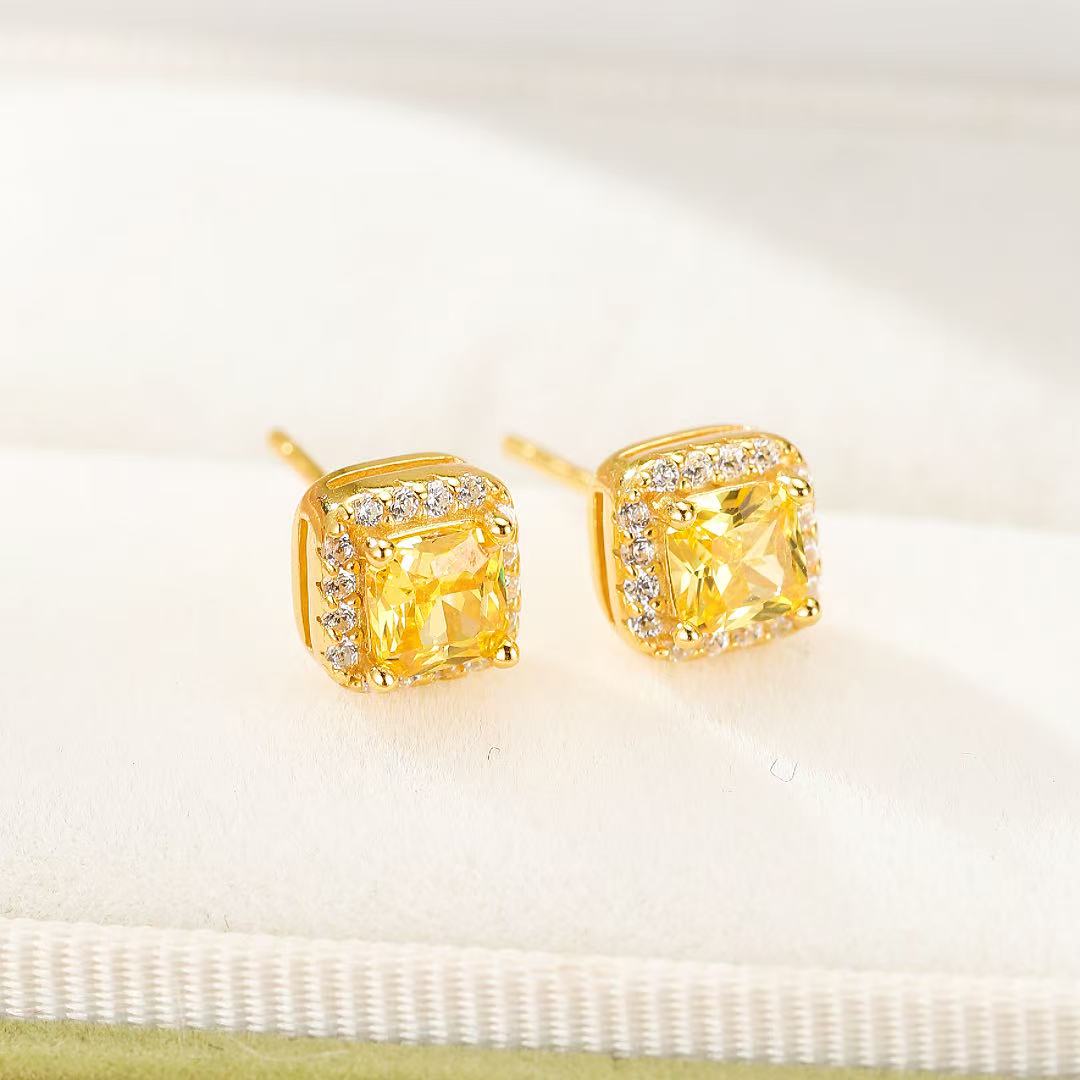 Citrine Earrings Square Sparkle Silver