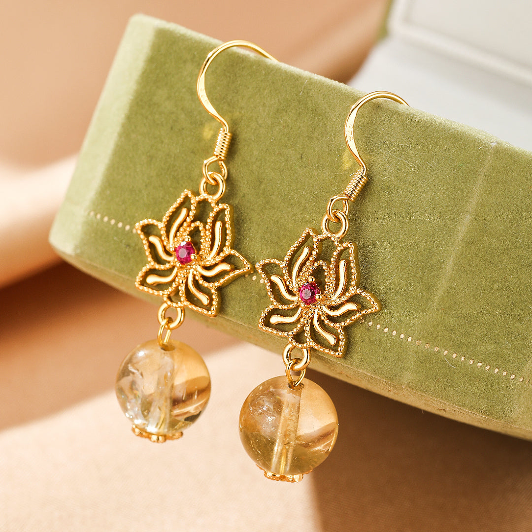Citrine and Lotus Earrings – Golden Harmony, Gold Plated Silver