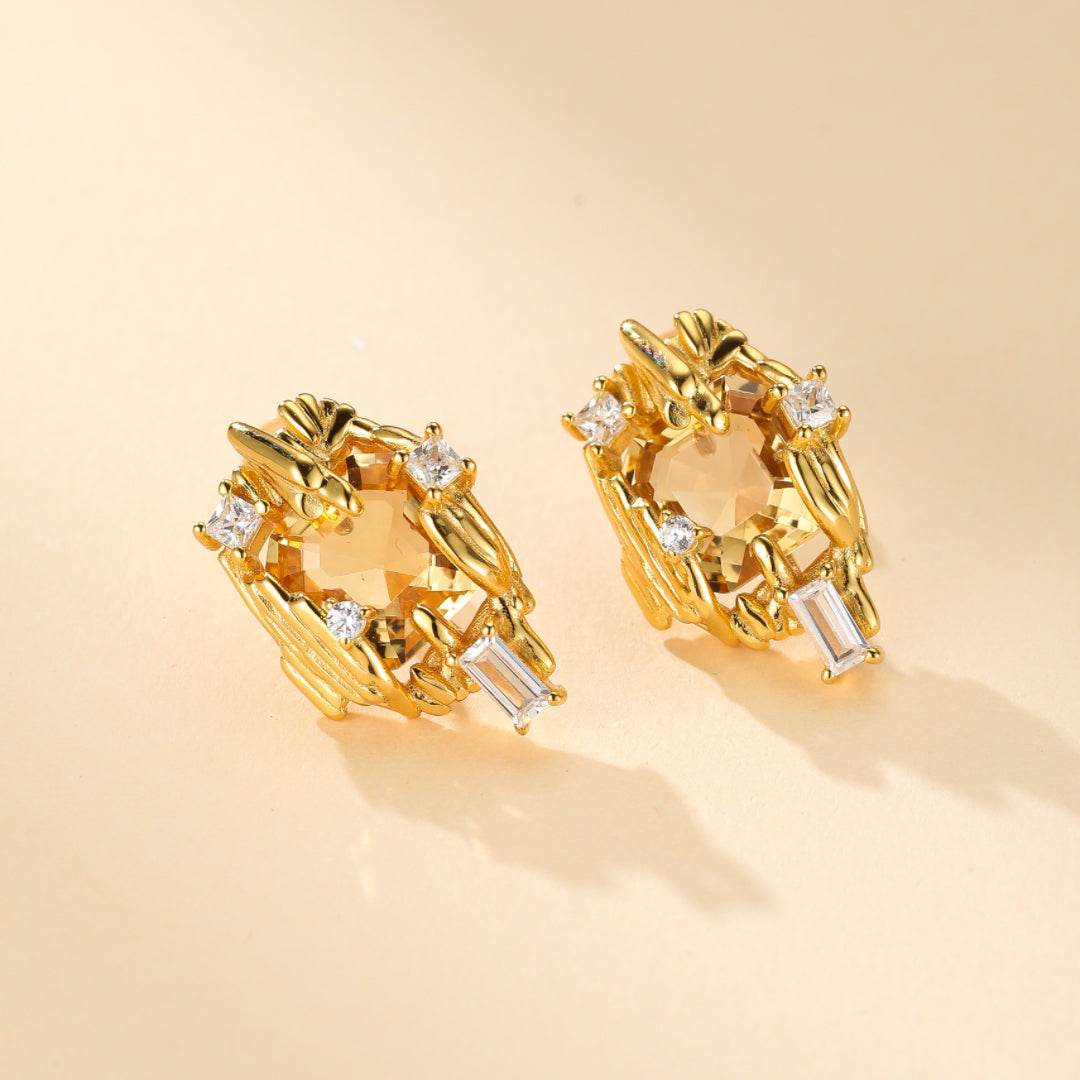 Boucles d'Oreilles Citrine – Trésor Radieux, Argent Plaqué Or