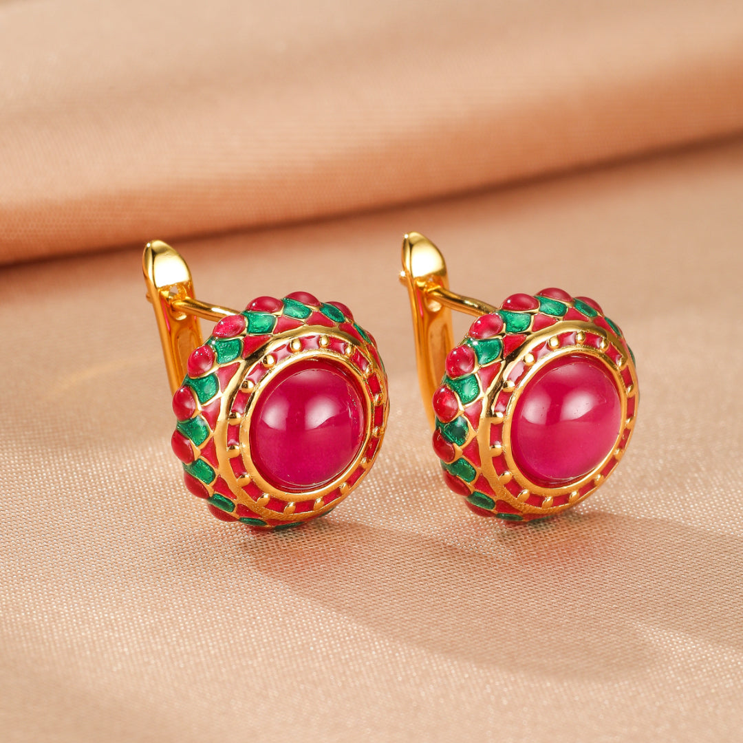Carnelian Earrings – Royal Rosette, Enameled Silver